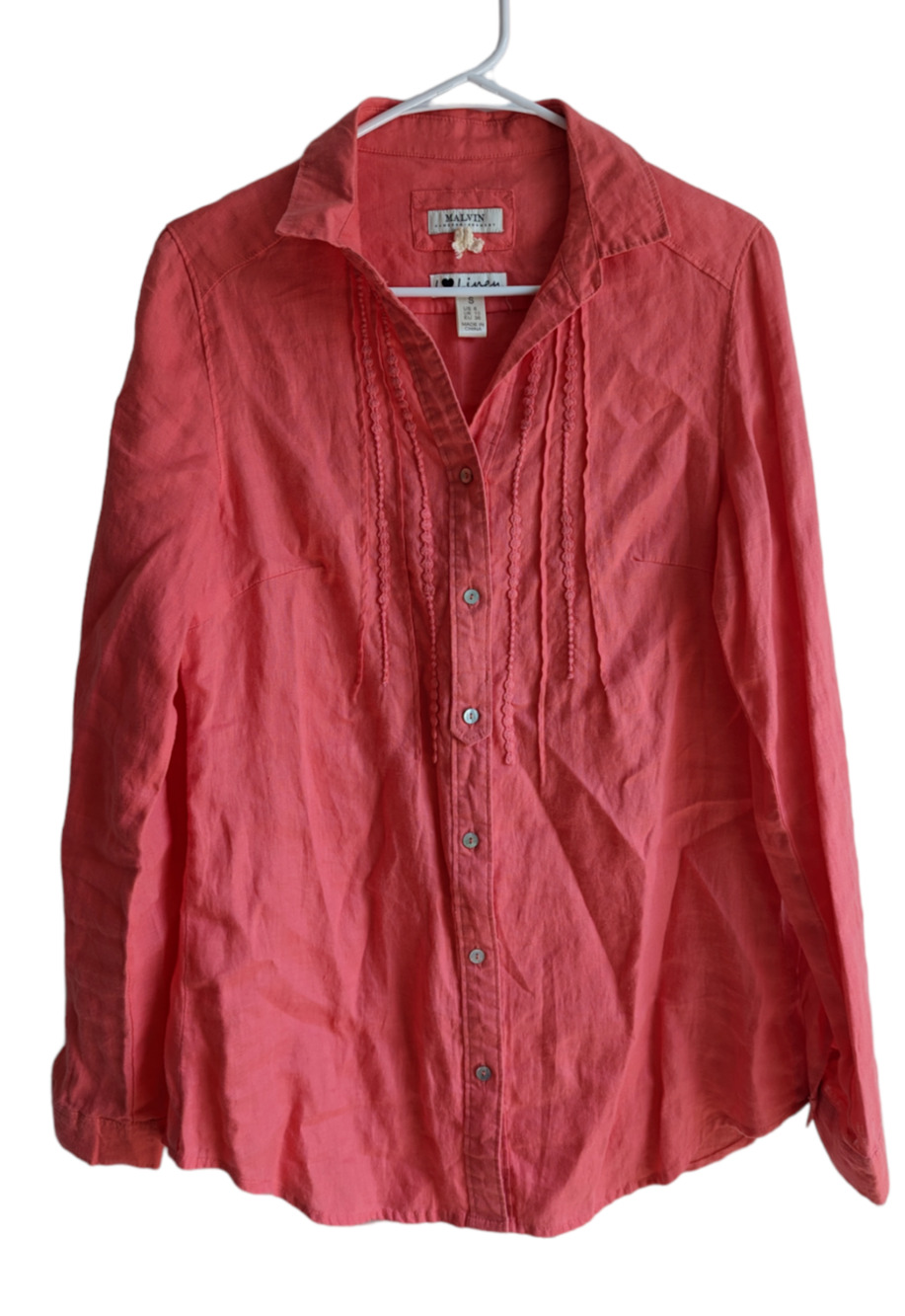 Malvin Germany Women's Coral Button Shirt 100% Linen Tunic Top Size Small